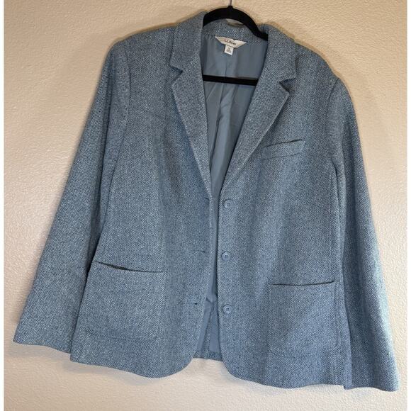 Vintage LL Bean Plus 2X Green Teal Herringbone Wool Silk Blend Women's Blazer - Picture 2 of 7